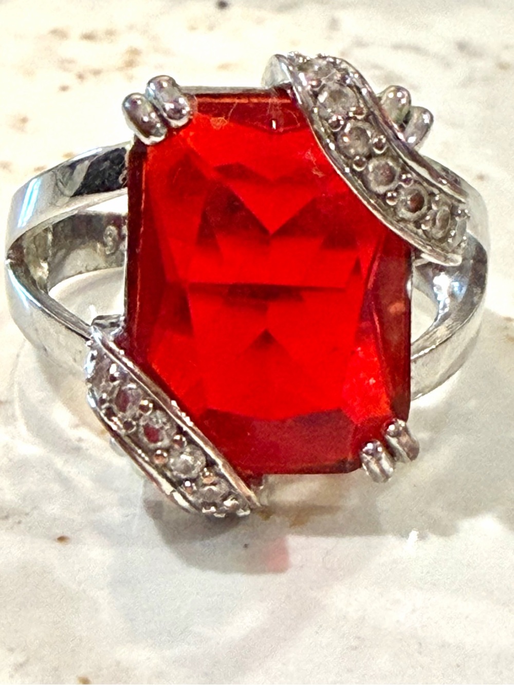 Vintage Red Ruby Cocktail Ring - Large Radiant Cut Statement Ring Size 9.5